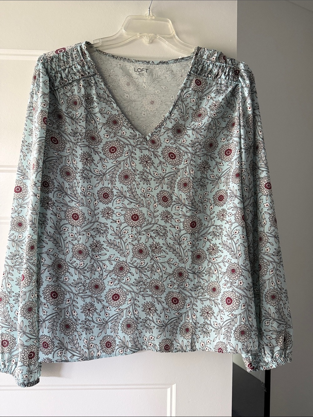 LOFT Light Blue Floral V-Neck Blouse with Red Accents